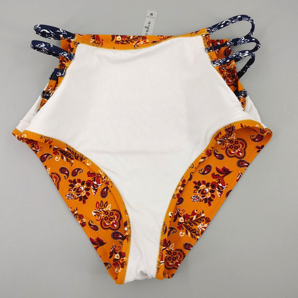 Womens Bikini Bottom Medium Orange Paisley High Waist Strappy Sides Boho Chic - Picture 7 of 9
